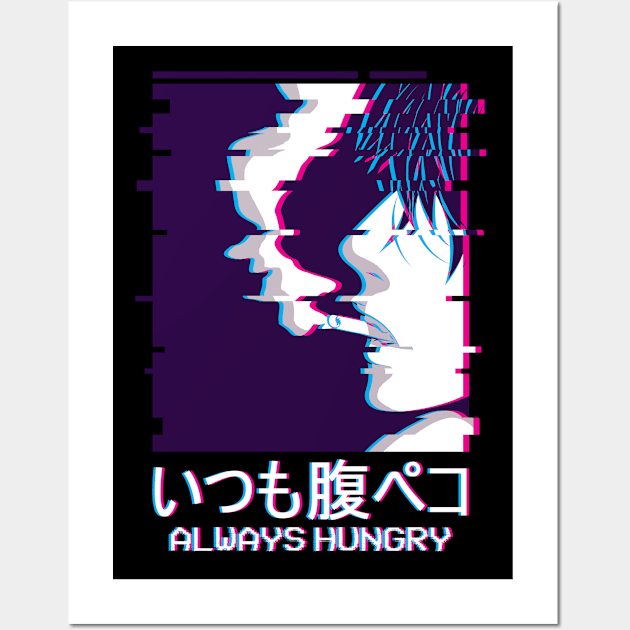 Always Hungry Smoking Anime Boy Vaporwave Wall Art by Alex21